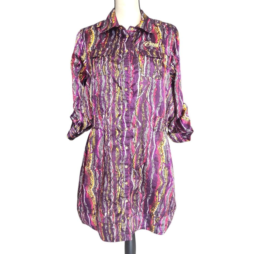 Y2K Coogi Womens Button Up Dress Sz 1X Satin Long Sleeve Snap Front Abstract
